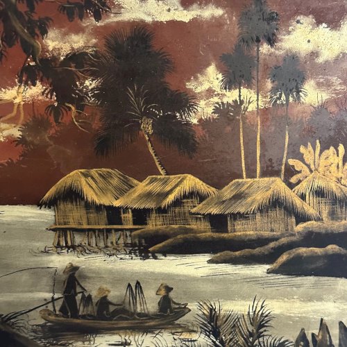 e?Panneau de laque vers 1940 représentant des pêcheurs Vietnam L1075