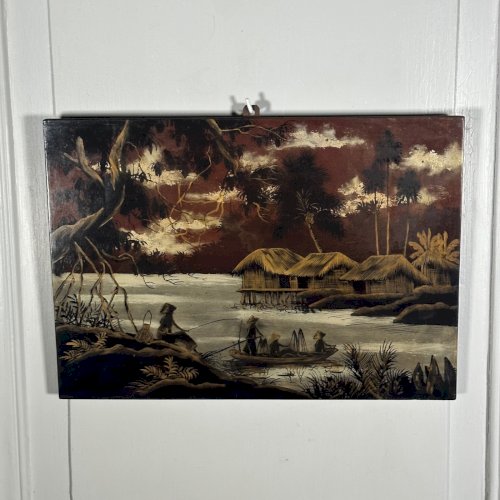 e?Panneau de laque vers 1940 représentant des pêcheurs Vietnam L1075