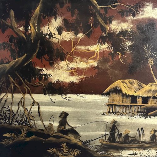 e?Panneau de laque vers 1940 représentant des pêcheurs Vietnam L1075