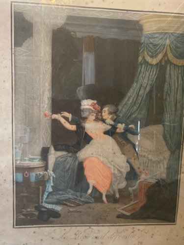 Estampe ancienne « La Rose mal défendue » – d’après Debucourt – cadre ancien parisien
