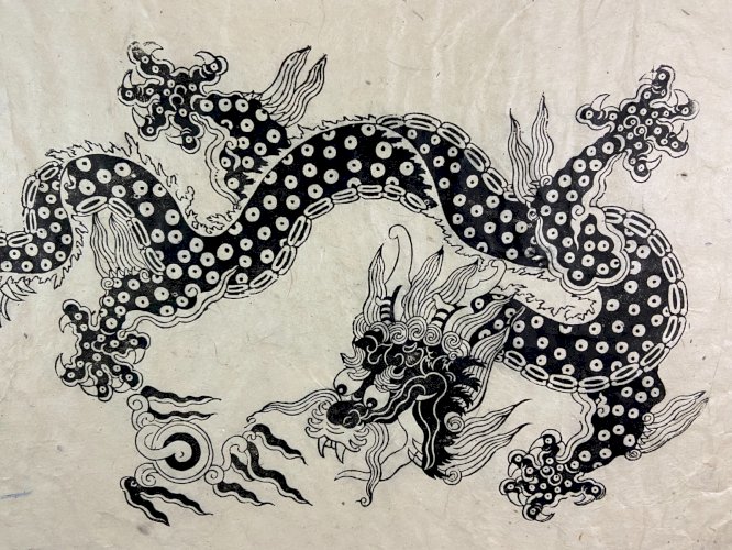 Estampe Chine XIXe au dragon impérial Qing sur papier de riz Xuan ou Kozo