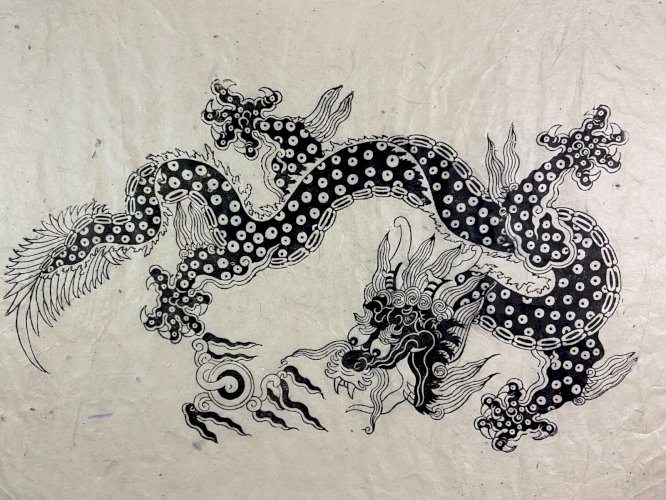 Estampe Chine XIXe au dragon impérial Qing sur papier de riz Xuan ou Kozo