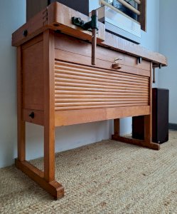 Vintage workbench with vises, antique workshop furniture