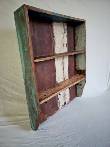 Etagère murale 3 étagères + 4 crochets fonte en bois polychrome