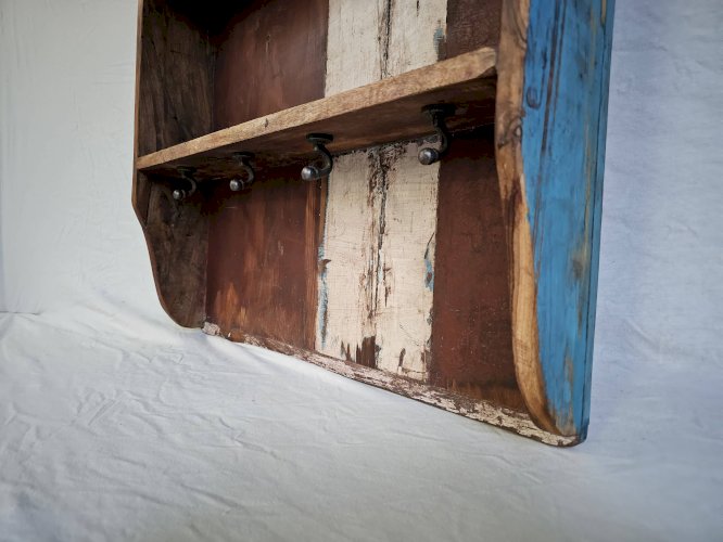 Etagère murale 3 étagères + 4 crochets fonte en bois polychrome