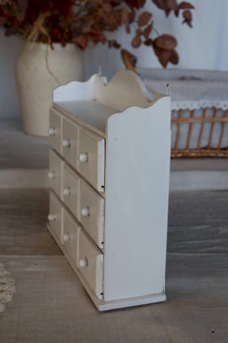 Étagère murale vintage bois blanc (pin) 9 tiroirs
