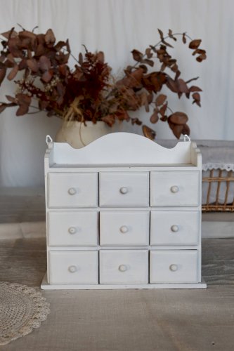 Étagère murale vintage bois blanc (pin) 9 tiroirs
