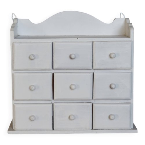 Étagère murale vintage bois blanc (pin) 9 tiroirs