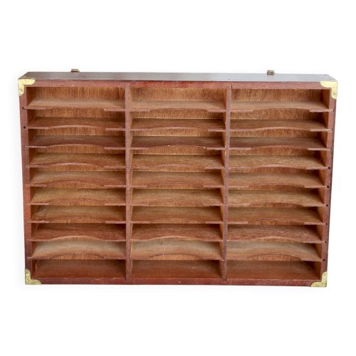 Étagère murale vintage type meuble de métier - Bois et métal doré