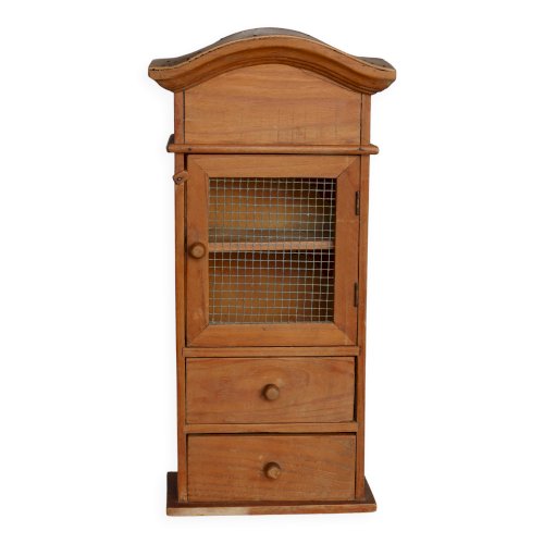 Étagère vintage à poser bois, tiroirs et porte grillagée