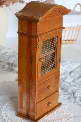 Étagère vintage à poser bois, tiroirs et porte grillagée