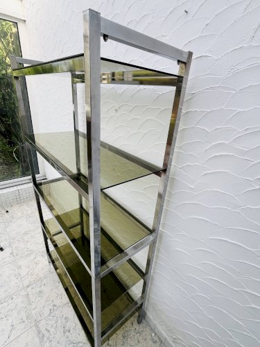 Étagère vintage design italien chrome et verre fumé années 70