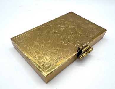 Antique brass cigarette case IND Farol Brasil with mirror compartments.