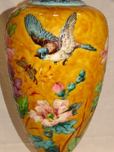 -EXCEPTIONNEL GRAND VASE  THEODORE DECK ?? décor OISEAUX FLEURS PAPILLONS   D