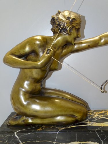 -EXCEPTIONNEL IMPORTANT BRONZE de CIPRIANI FEMME A L'ARC ART DECO SOCLE MARBRE D