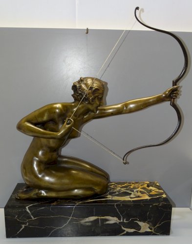 -EXCEPTIONNEL IMPORTANT BRONZE de CIPRIANI FEMME A L'ARC ART DECO SOCLE MARBRE D