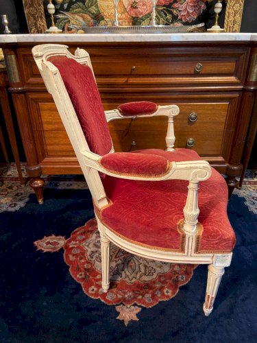 Fauteuil cabriolet velours rouge d'époque XVIIIe Louis XVI