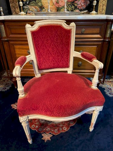 Fauteuil cabriolet velours rouge d'époque XVIIIe Louis XVI