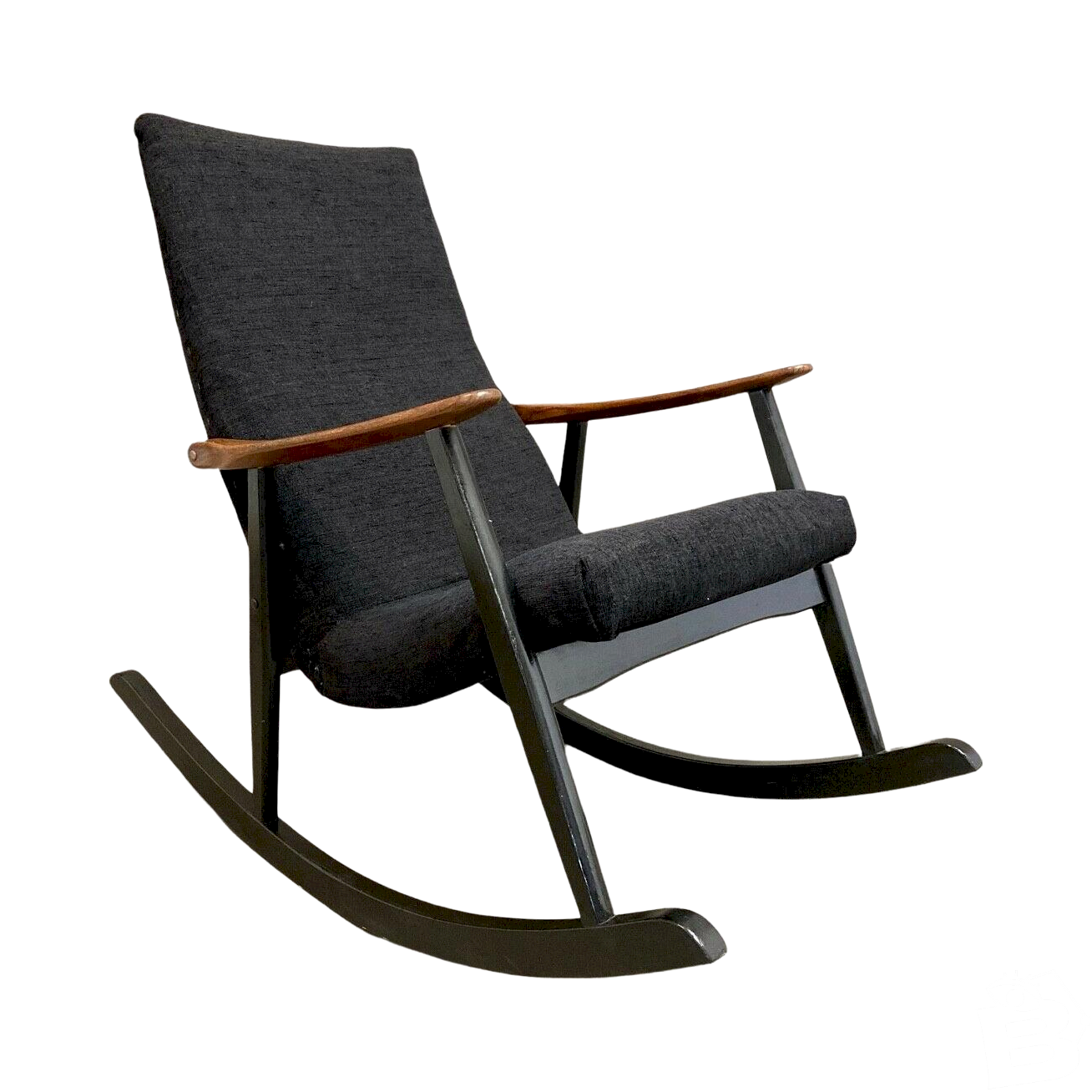 FAUTEUIL ROCKING CHAIR DESIGN SCANDINAVE 1950. Noir Bois/Cuir Vendu