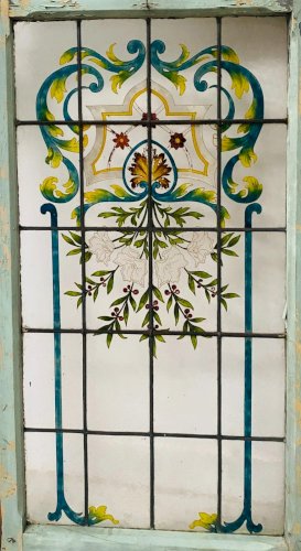 Fenetre et son imposte en sapin et verre peint Art Déco XX siècle