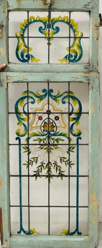 Fenetre et son imposte en sapin et verre peint Art Déco XX siècle