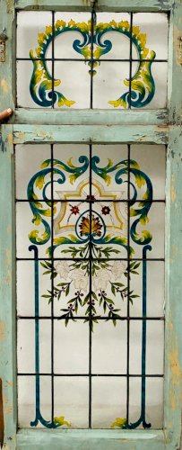 Fenetre et son imposte en sapin et verre peint Art Déco XX siècle