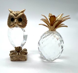 Figurine ananas Swarovski cristal facetté doré 6cm lot 2 vintage hibou
