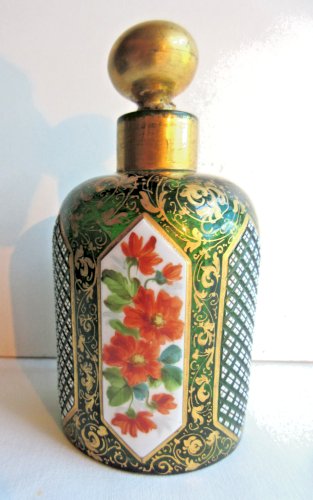 Flacon à parfum XIXème, cristal vert à 6 cabochons sur fond de dorures, N°2