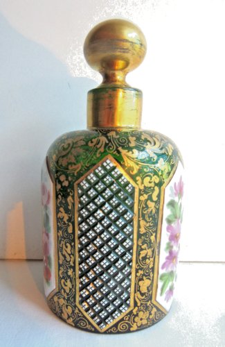 Flacon à parfum XIXème, cristal vert à 6 cabochons sur fond de dorures, signé XX
