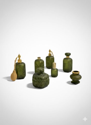 Flacons anciens signé, Ensemble salle de bain, Marcel Franck, verre craquelé.