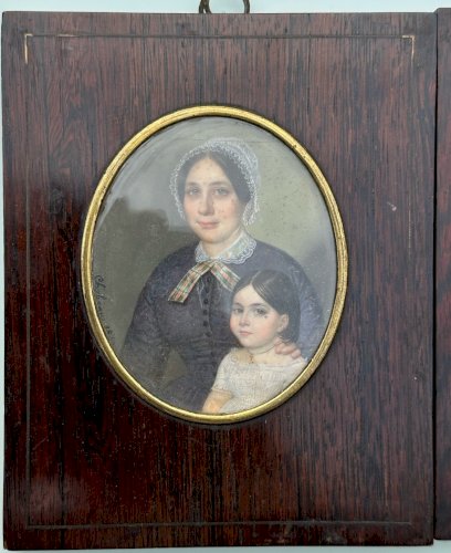 Flavien-Emmanuel CHABANNE : PAIRE MINIATURES PORTRAIT D’HOMME, FEMME ET ENFANT