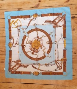 Square scarf 72 X 75 in very good condition with equestrian and horse patterns.