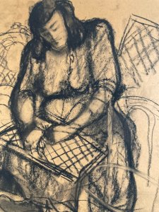 Fusain Femme  1950 Carton Expressionnisme Expressionniste Filet Pêche Art