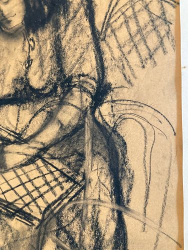 Fusain Femme  1950 Carton Expressionnisme Expressionniste Filet Pêche Art