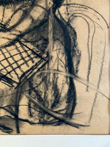 Fusain Femme  1950 Carton Expressionnisme Expressionniste Filet Pêche Art