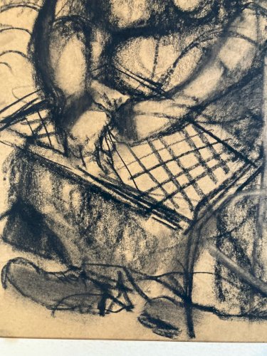 Fusain Femme  1950 Carton Expressionnisme Expressionniste Filet Pêche Art