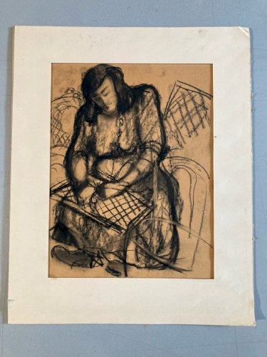 Fusain Femme  1950 Carton Expressionnisme Expressionniste Filet Pêche Art