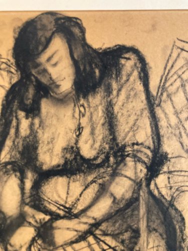 Fusain Femme  1950 Carton Expressionnisme Expressionniste Filet Pêche Art