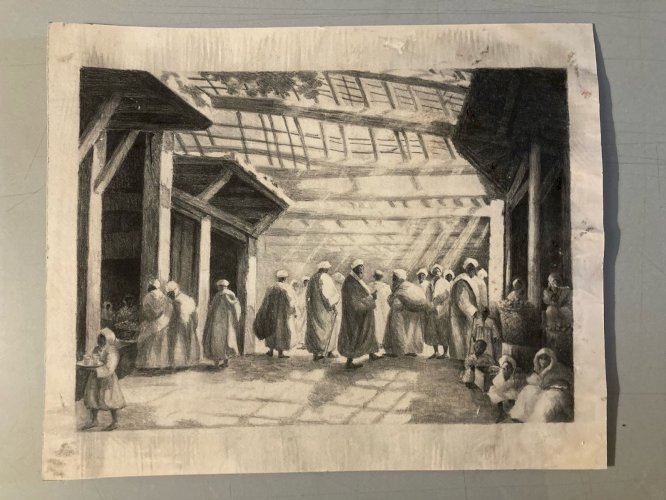 Fusain Scène De Marché, Souk, orientaliste orientalisme 1920 Maghreb Ancien