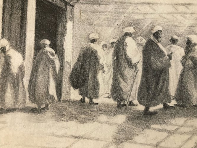 Fusain Scène De Marché, Souk, orientaliste orientalisme 1920 Maghreb Ancien