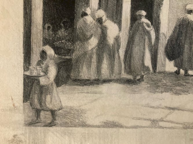 Fusain Scène De Marché, Souk, orientaliste orientalisme 1920 Maghreb Ancien