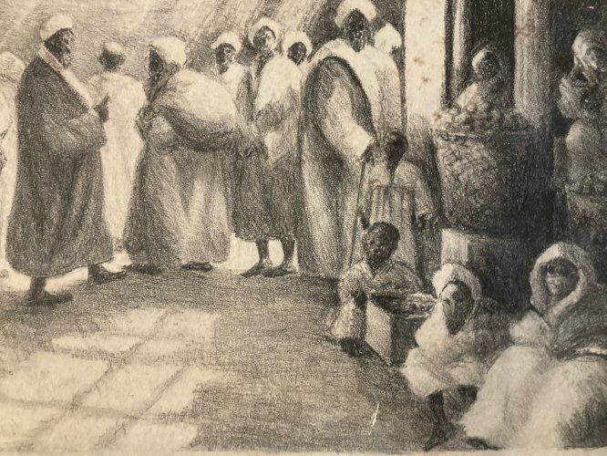 Fusain Scène De Marché, Souk, orientaliste orientalisme 1920 Maghreb Ancien