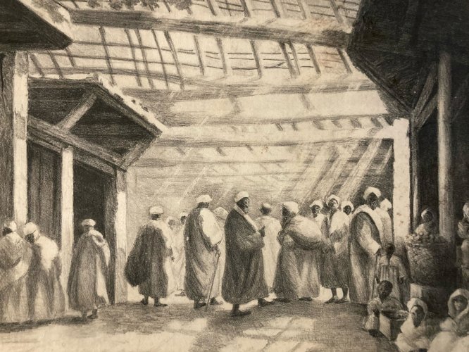 Fusain Scène De Marché, Souk, orientaliste orientalisme 1920 Maghreb Ancien
