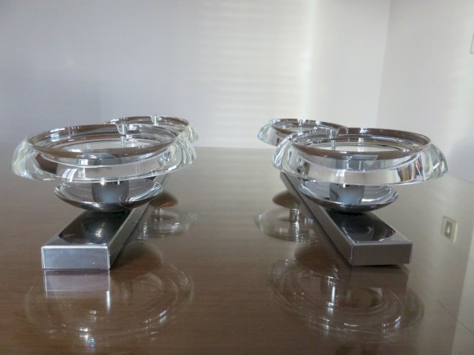 GAETANO SCIOLARI PAIRE DAPPLIQUES DOUBLES EN METAL CHROME ET VERRE ANNEES 60 70