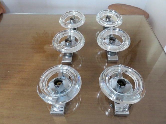 GAETANO SCIOLARI PAIRE DAPPLIQUES DOUBLES EN METAL CHROME ET VERRE ANNEES 60 70