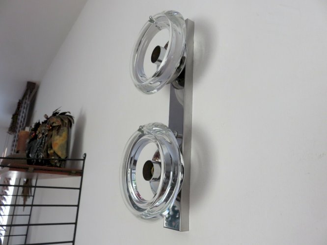 GAETANO SCIOLARI PAIRE DAPPLIQUES DOUBLES EN METAL CHROME ET VERRE ANNEES 60 70