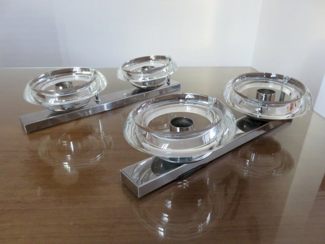 GAETANO SCIOLARI PAIRE DAPPLIQUES DOUBLES EN METAL CHROME ET VERRE ANNEES 60 70