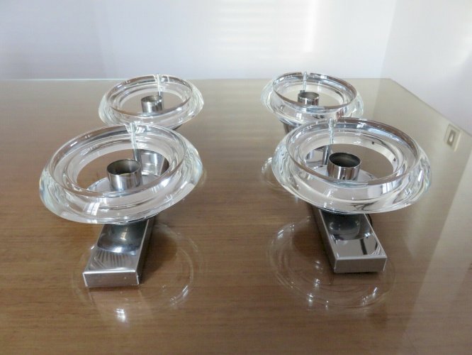 GAETANO SCIOLARI PAIRE DAPPLIQUES DOUBLES EN METAL CHROME ET VERRE ANNEES 60 70