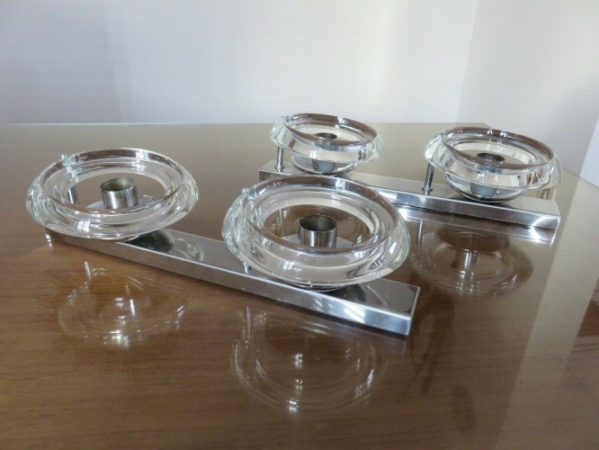 GAETANO SCIOLARI PAIRE DAPPLIQUES DOUBLES EN METAL CHROME ET VERRE ANNEES 60 70