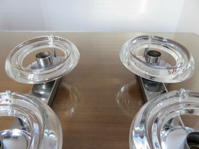 GAETANO SCIOLARI PAIRE DAPPLIQUES DOUBLES EN METAL CHROME ET VERRE ANNEES 60 70